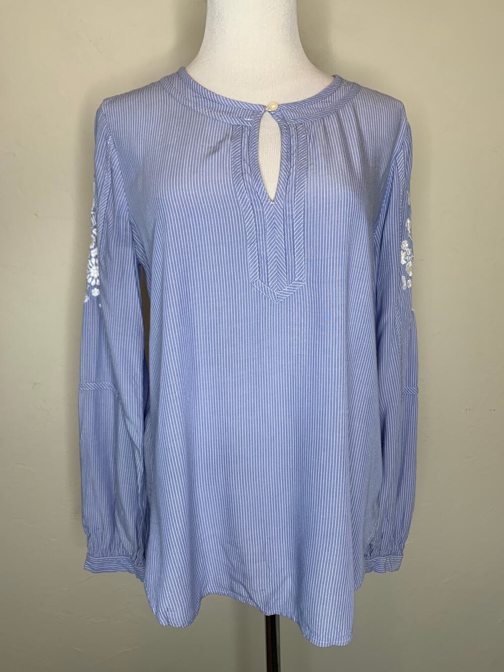 Loft Blue Striped Tunic Top White Floral Embroidery on Sleeves Sz Small